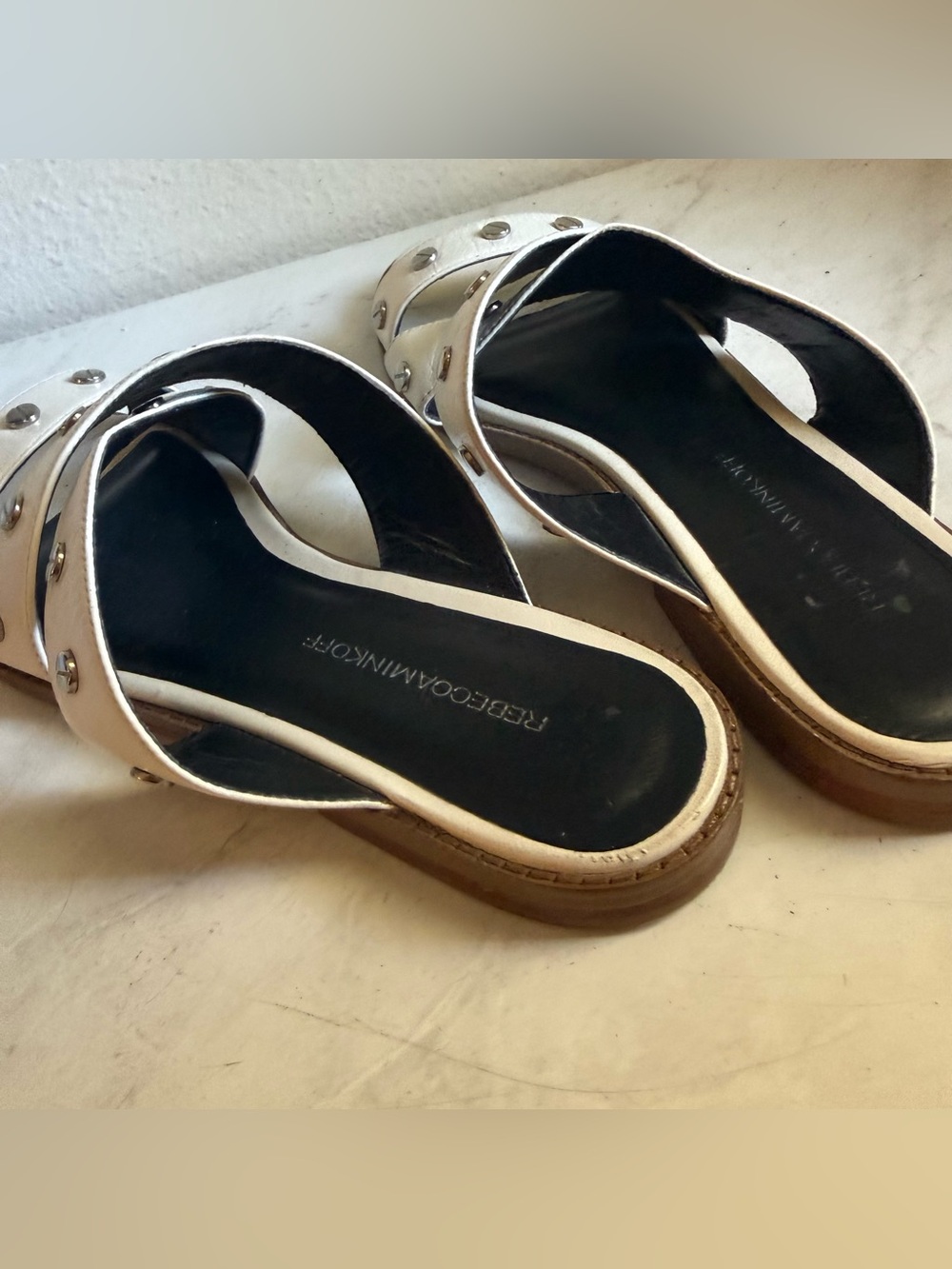 Rebecca Minkoff White Studded Leather Slide Sandals - Picture 4 of 7